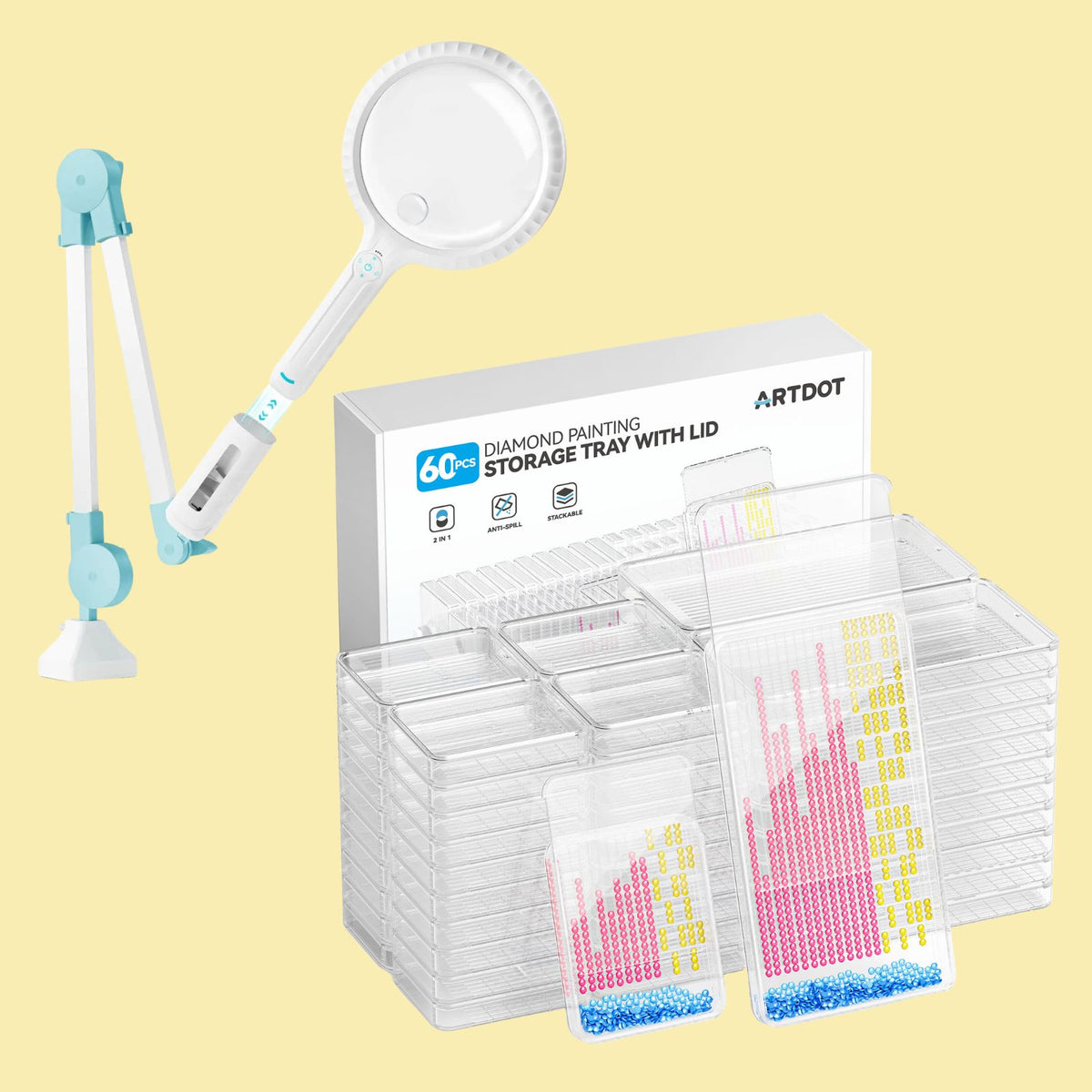 60 Pcs Trays with Lid + Magnifying Lamp