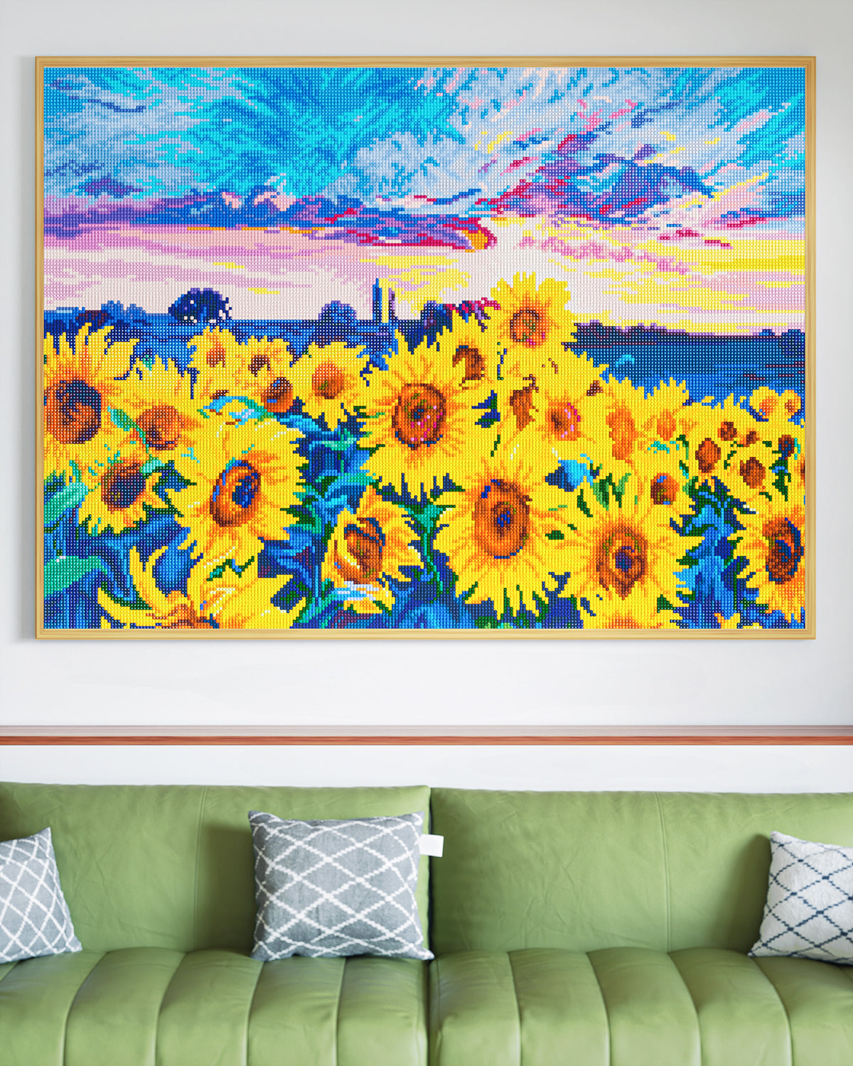 Display the sunflower diamond painting in the live room