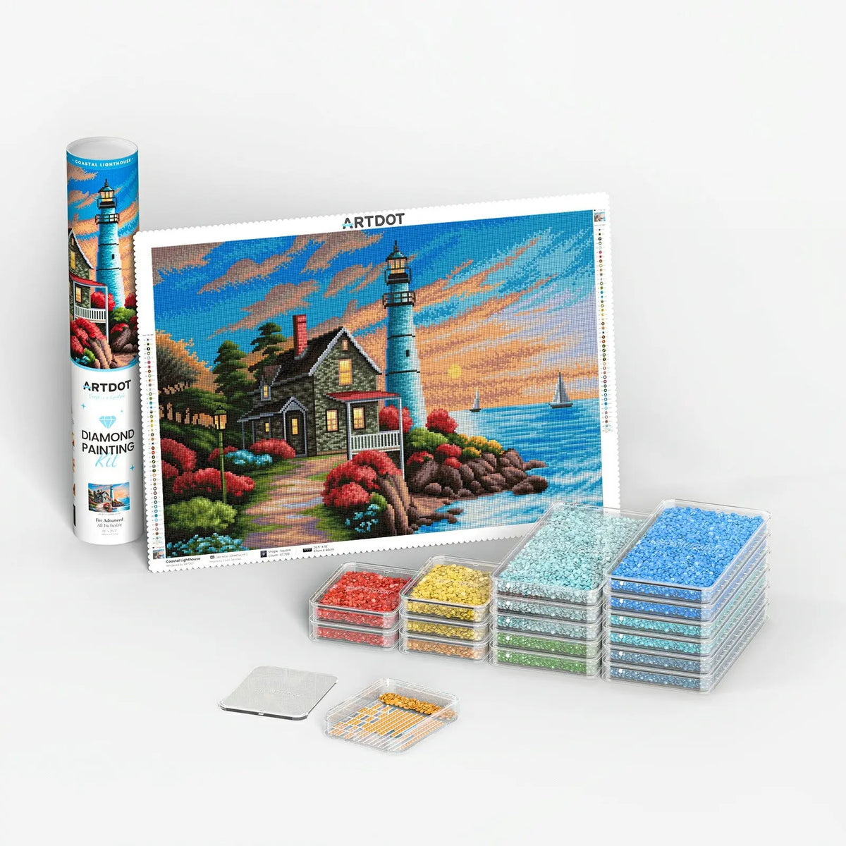 60 Pcs Trays with Lid + Coastal Lighthouse DPK ARTDOT
