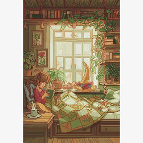 Cozy Reading, Large Pastoral Diamond Painting Kit, Square Drills -