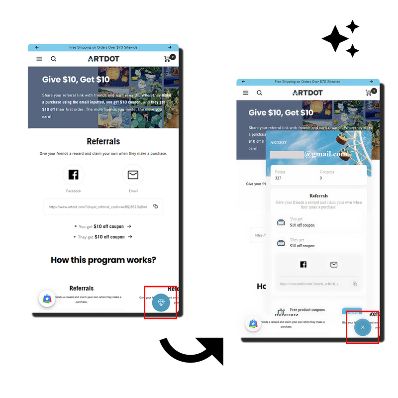 Always find the referral program in the bottom-right widget